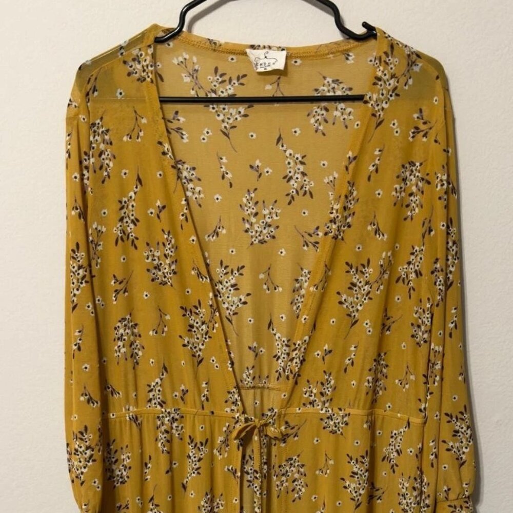 Ember Women's Kimono Duster Cover Up Yellow Mustard Floral Print XL
